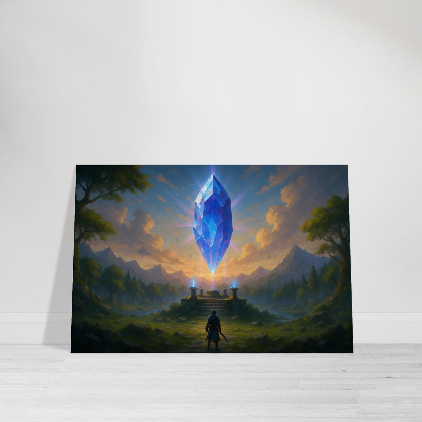 Glowing floating crystal above ancient shrine with beams of sapphire and violet light, fantasy landscape wall art.