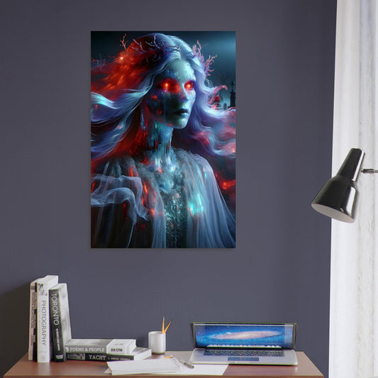 Metal poster of a Banshee with glowing red eyes, flowing ghostly gown and hair, standing in a foggy, moonlit graveyard.