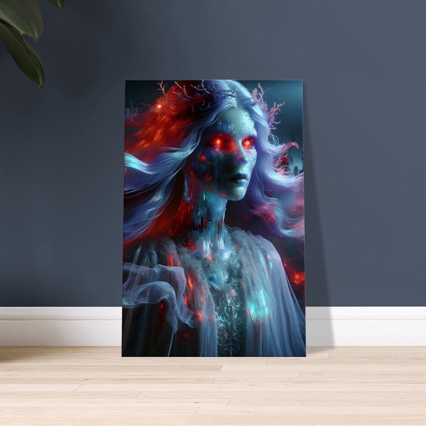 Artwork of a Banshee with flowing red and blue hair and gown, glowing red eyes, in a foggy, moonlit graveyard.