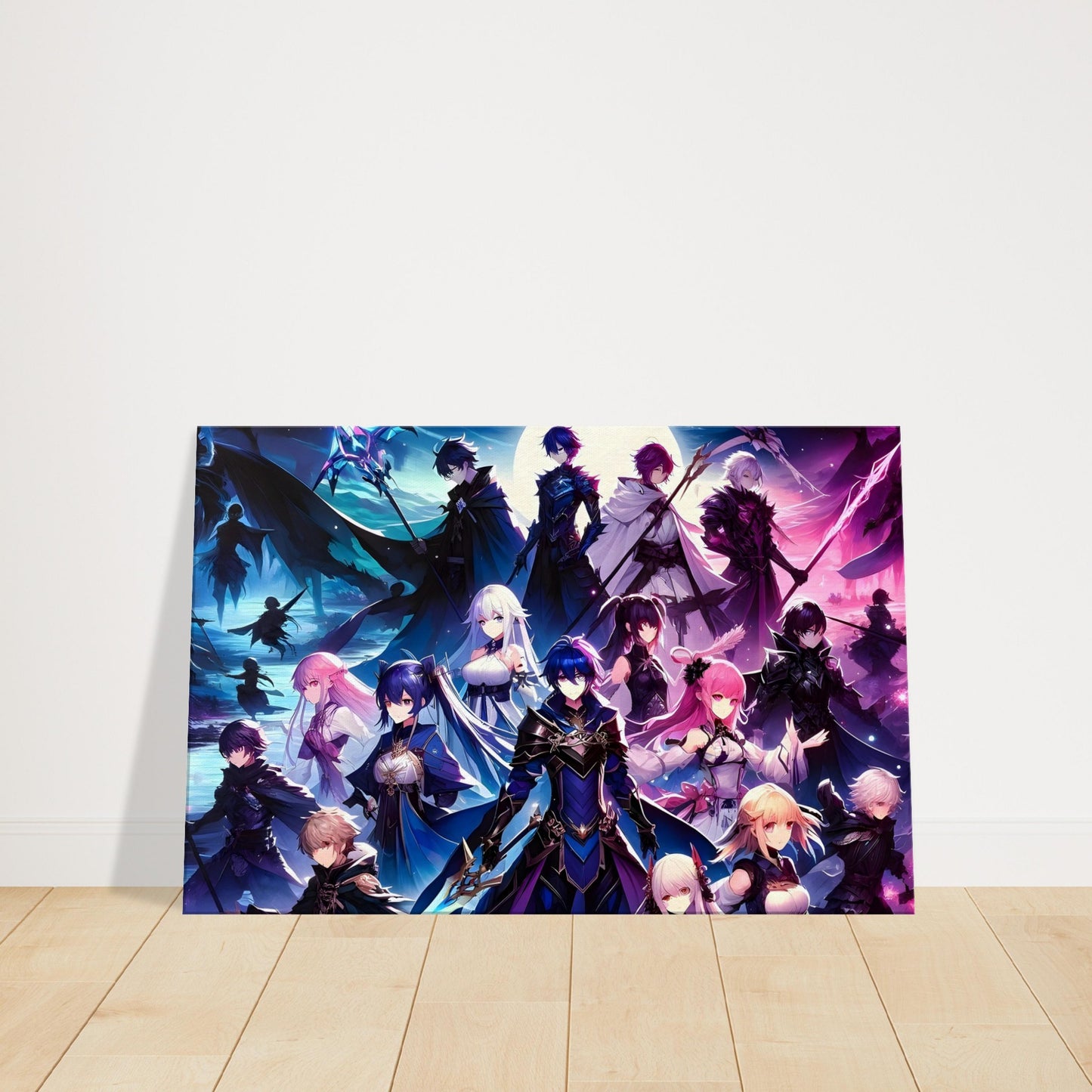 Anime canvas artwork featuring warriors in dynamic poses, set against a moonlit forest with dark fantasy colors of purple, blue, and pink.