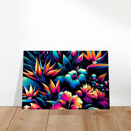 Tropical pop art floral painting with neon-outlined exotic flowers like hibiscus and bird-of-paradise on a dark background.