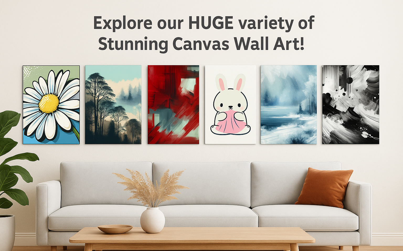 Living room with a sofa and coffee table, featuring six pieces of canvas wall art on the wall.