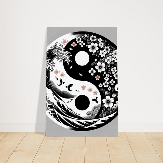 Monochrome Yin and Yang symbol with floral and wave elements blending into a circular, nature-inspired design.