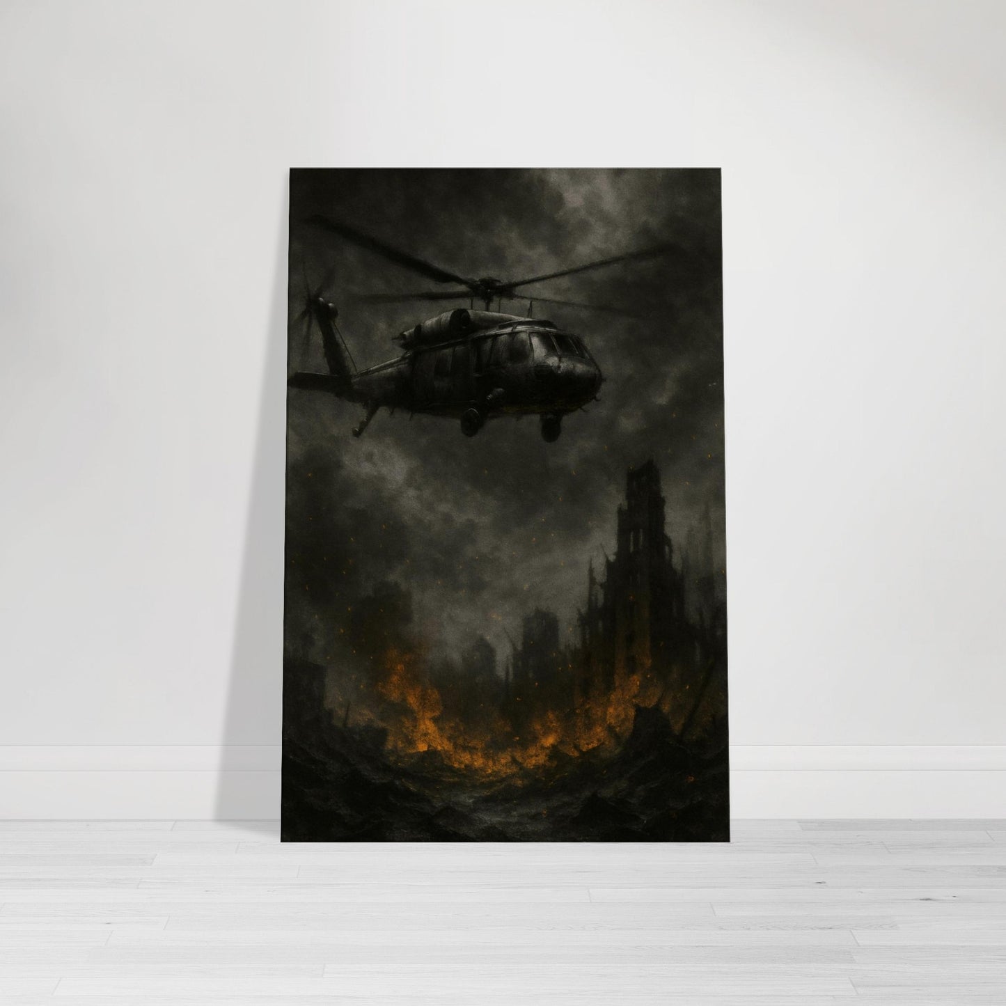 Gritty military wall art of a helicopter retreating from a devastated warzone. Stark, emotional, and cinematic — a haunting piece from the Warfare Division collection.