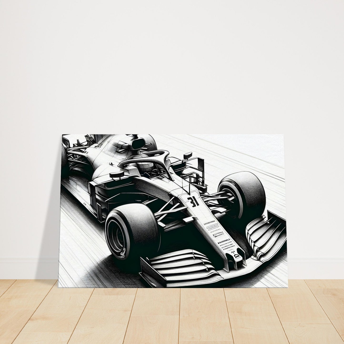 Detailed black and white sketch of a Formula 1 racecar highlighting its aerodynamic design and sleek profile.