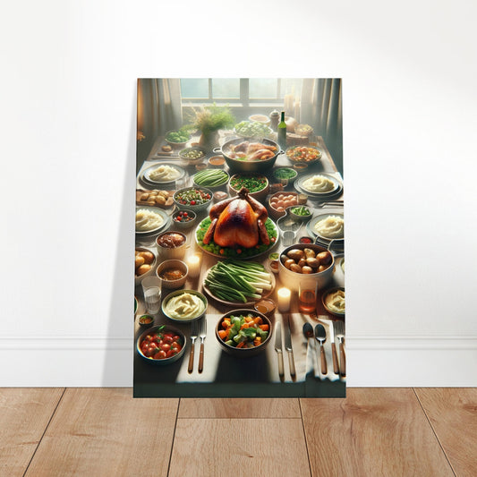 Canvas art depicting a rustic wooden table with roasted turkey, mashed potatoes, roasted vegetables, and salads.