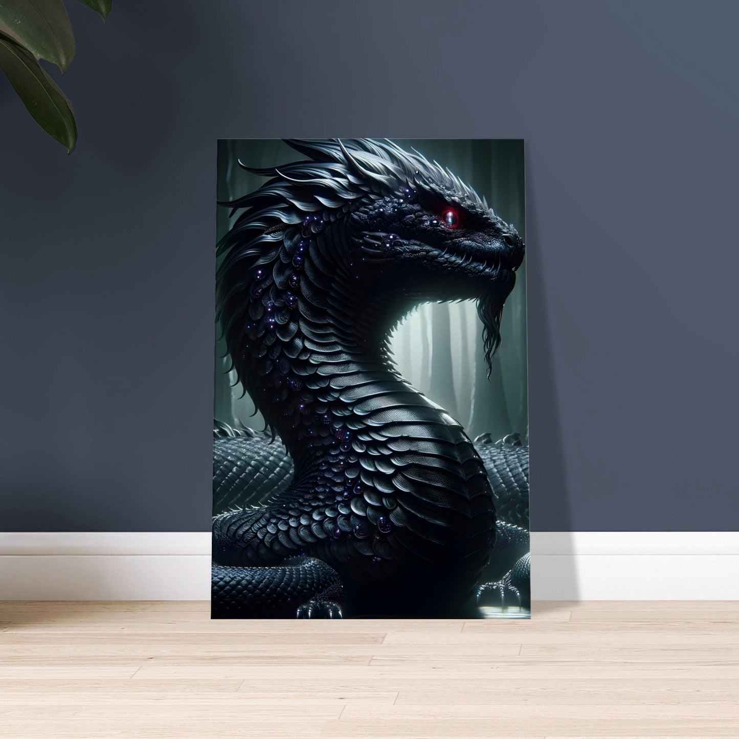 Mythical artwork of a dark Basilisk with glowing red eyes and black, purple, and silver scales in a shadowy, ancient forest setting.