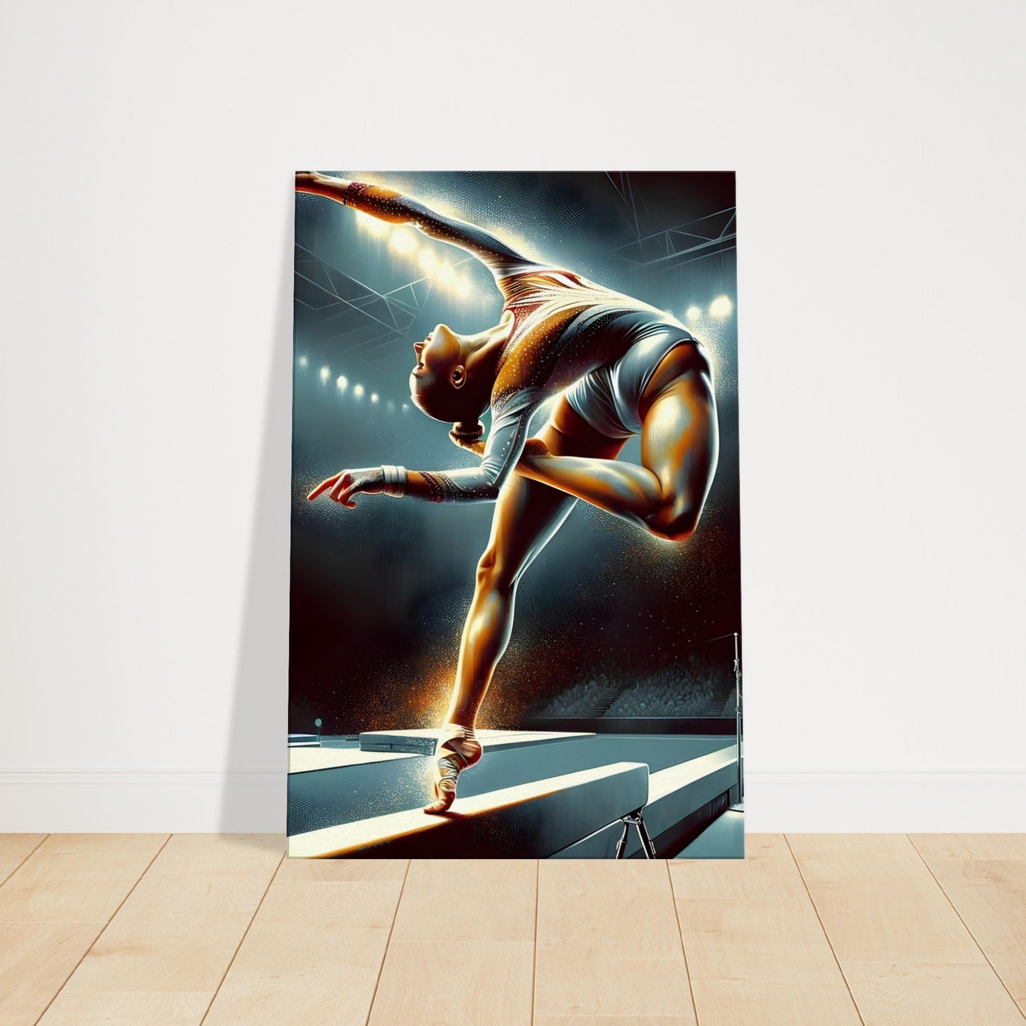 Canvas artwork of a female gymnast performing on a balance beam under a spotlight, highlighting poise, strength, and elegance.