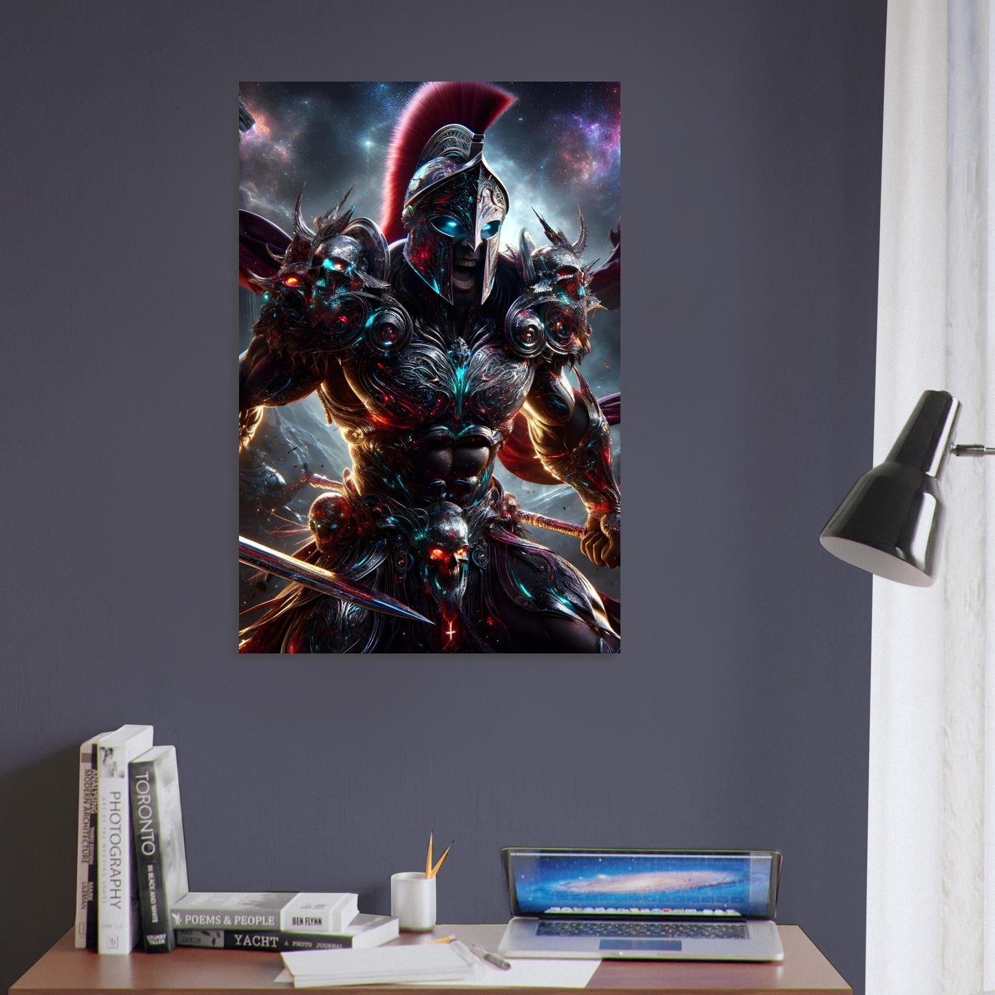 A 3D-style Spartan warrior in glowing crimson armor stands against a cosmic starry backdrop with purple, blue, and gray hues.