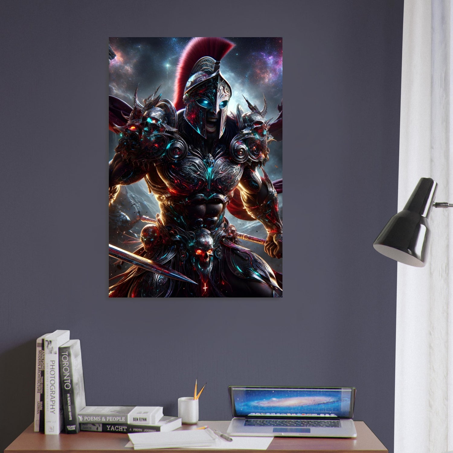 Ferocious Spartan Warrior in luxurious, exquisite armour, glowing in ethereal colours, the warrior roaring mid battle, in Ultra HD Metal Wall Poster.