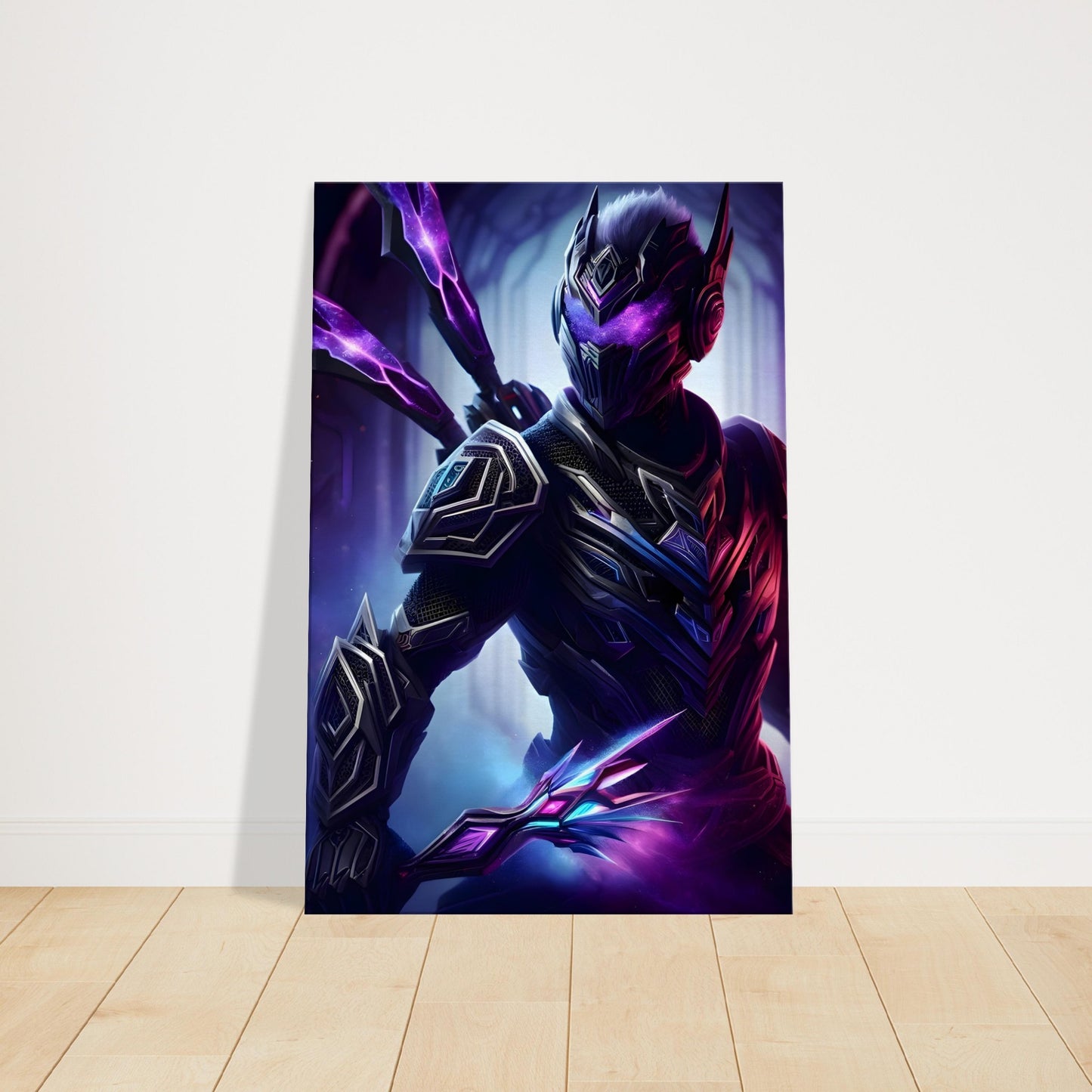 Female warrior in glowing purple, blue, and pink armor with weapon, standing in dark, mystical fantasy setting.
