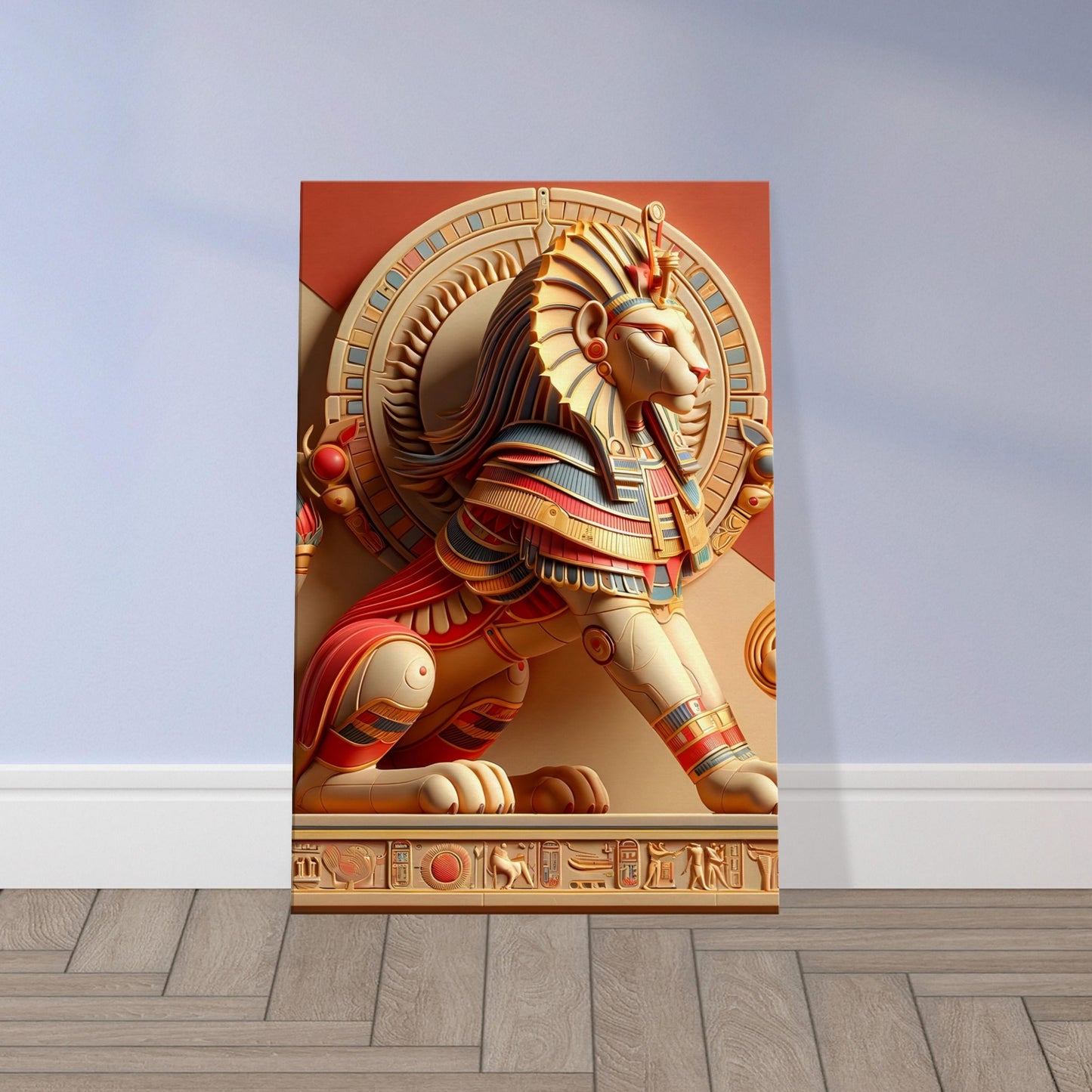 Egyptian goddess Sekhmet with lioness head, wearing a sun disk and uraeus, in a warrior’s pose with regal battle attire.
