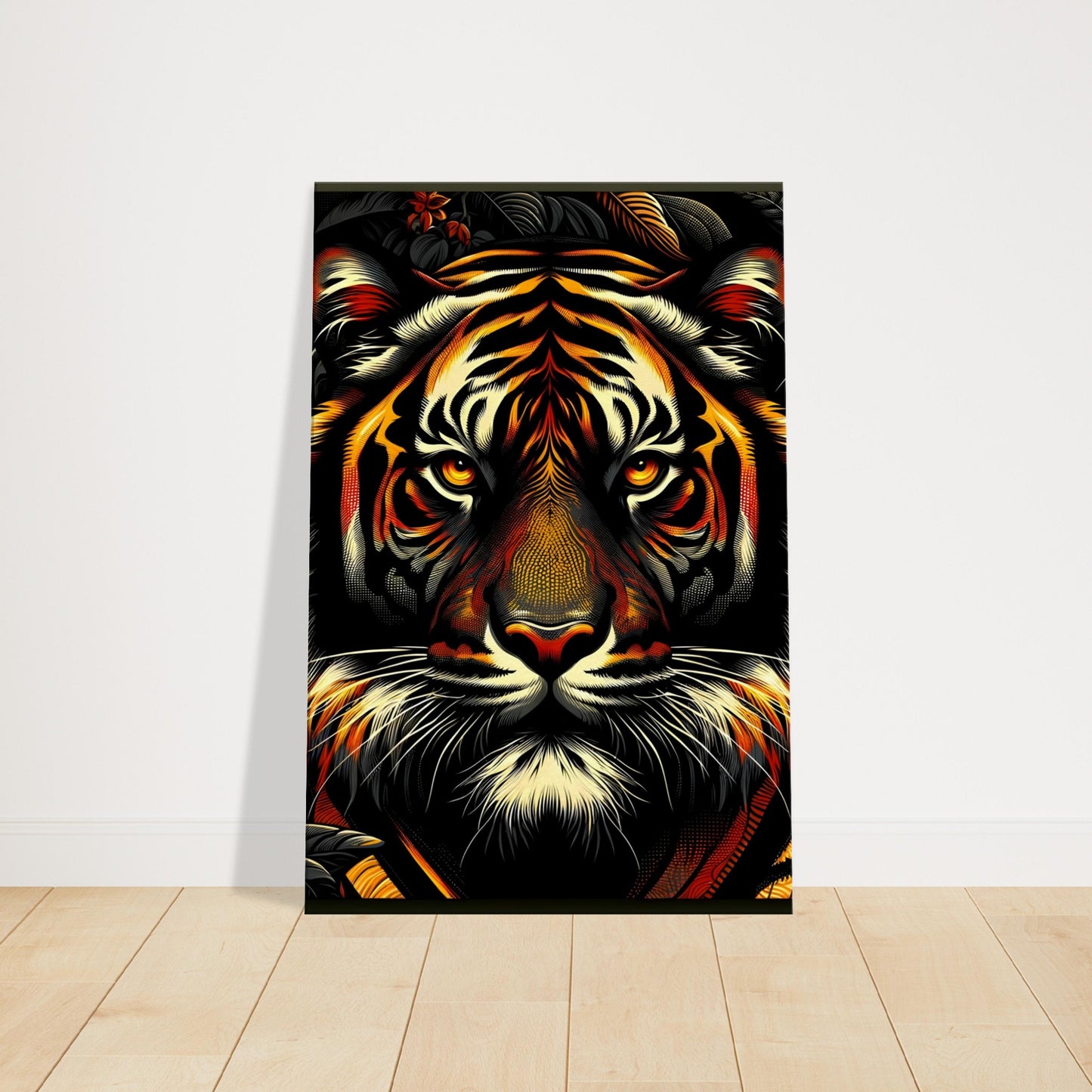 Pop art canvas of a fierce tiger with vivid orange and black stripes against a jungle-inspired background.