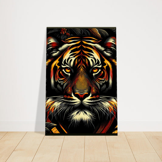 Pop art canvas of a fierce tiger with vivid orange and black stripes against a jungle-inspired background.
