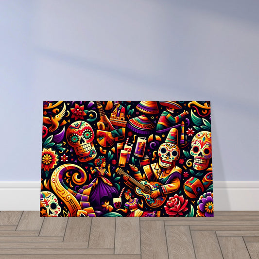 Artwork showing a vibrant Mexican festival with music, dancing, and traditional costumes in bold, festive colors.