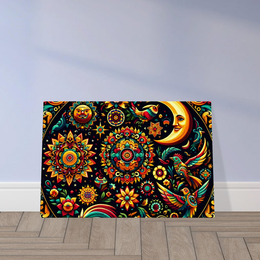 Mexican-style artwork featuring colorful folk motifs and traditional patterns on a dark background celebrating Mexican culture.