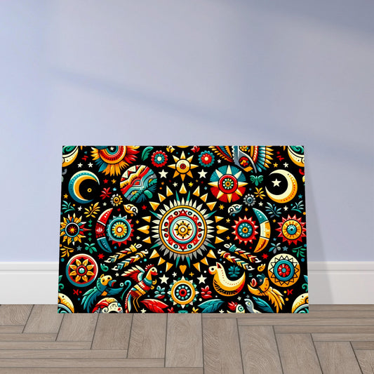 Colorful artwork inspired by Mexican heritage featuring vibrant sun motifs and folkloric patterns on a dark background.