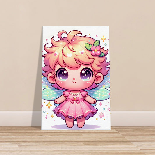 Minimalist cartoon fairy Fiona with pastel colors and whimsical features on a plain white background.