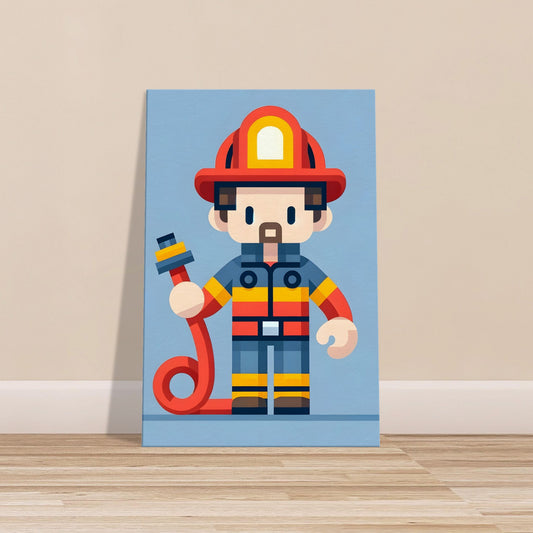 Minimalist cartoon firefighter named Fireman Finn holding a fire hose with clean lines and limited colors.