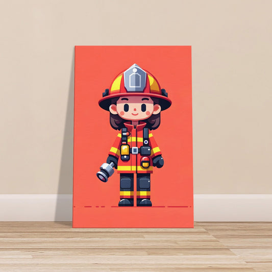 Minimalist cartoon firewoman named Blaze in red and yellow uniform holding a fire hose against a solid background.