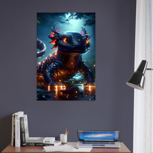 Metal poster of a glowing black Salamander with red, orange, and blue ember-like scales in a moonlit forest setting.