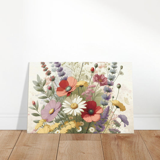 Pop art floral bouquet featuring colorful wildflowers in red, yellow, purple, and green with bold outlines and a bright, airy composition.