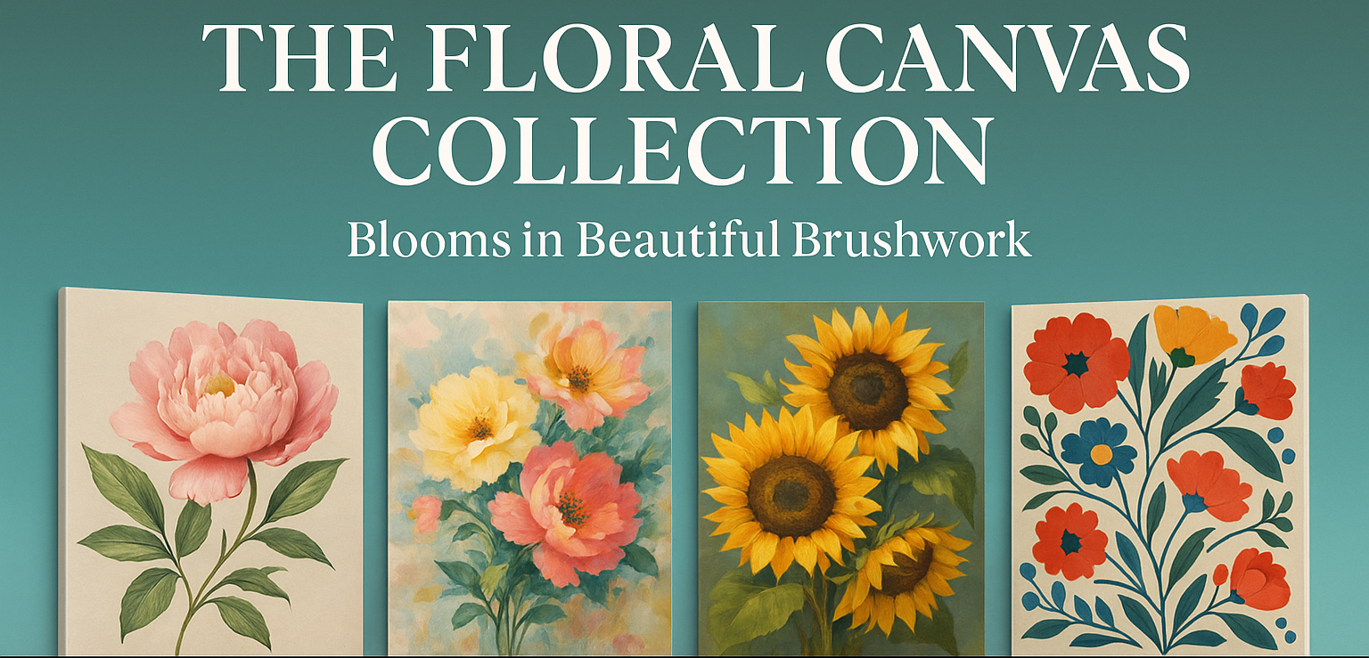 Promotional banner for the Landscapes Canvas Collection featuring scenic artworks of mountains, forests, and vibrant natural vistas, with centered white header and tagline, and a black footer bar displaying a 20% discount code and a 'Shop Now' button.