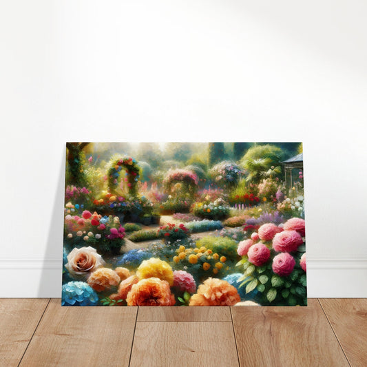 Artistic painting of a blooming flower garden with roses, peonies, and hydrangeas in radiant colors and expressive brushstrokes.