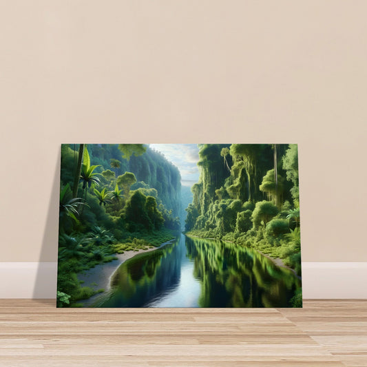 Jungle river winding through dense tropical foliage with sunlight filtering through the canopy.