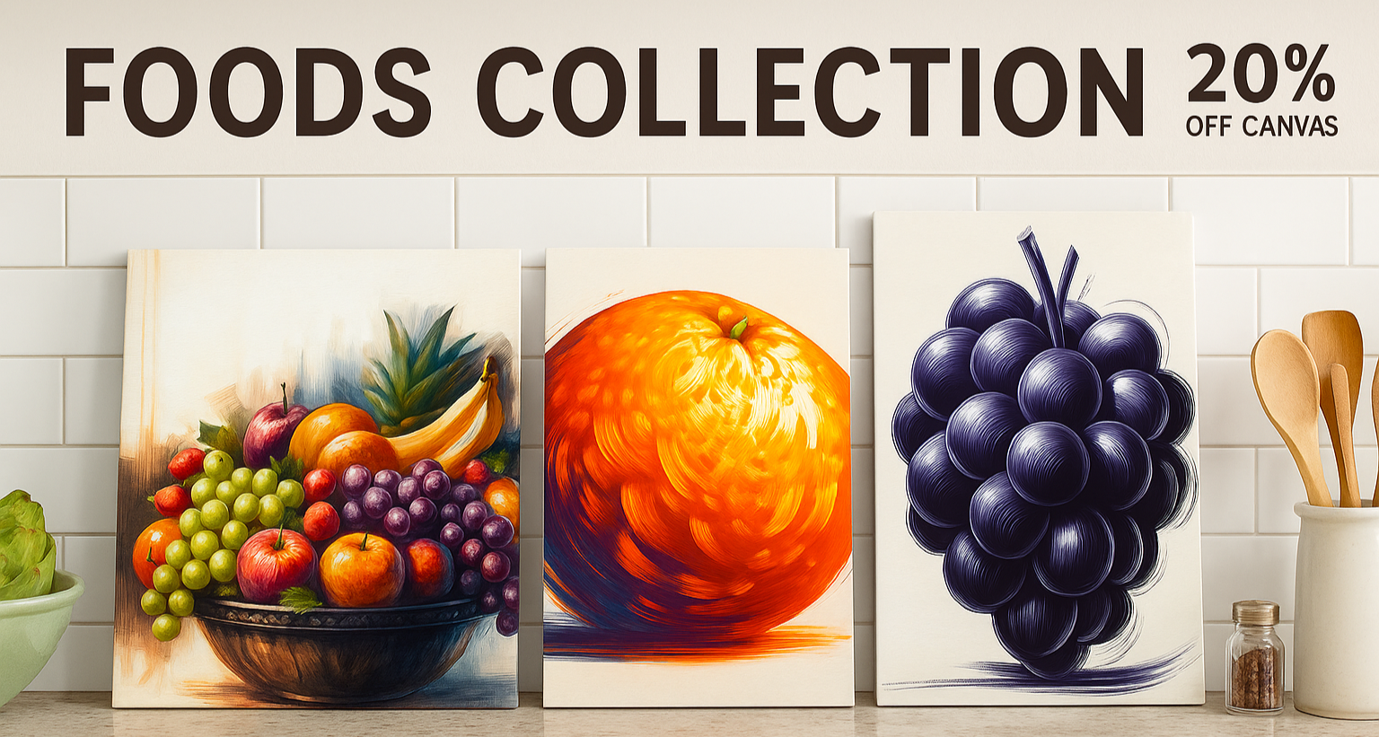 Three canvas prints of fruits on a kitchen counter with promotional discount of 20% off text.