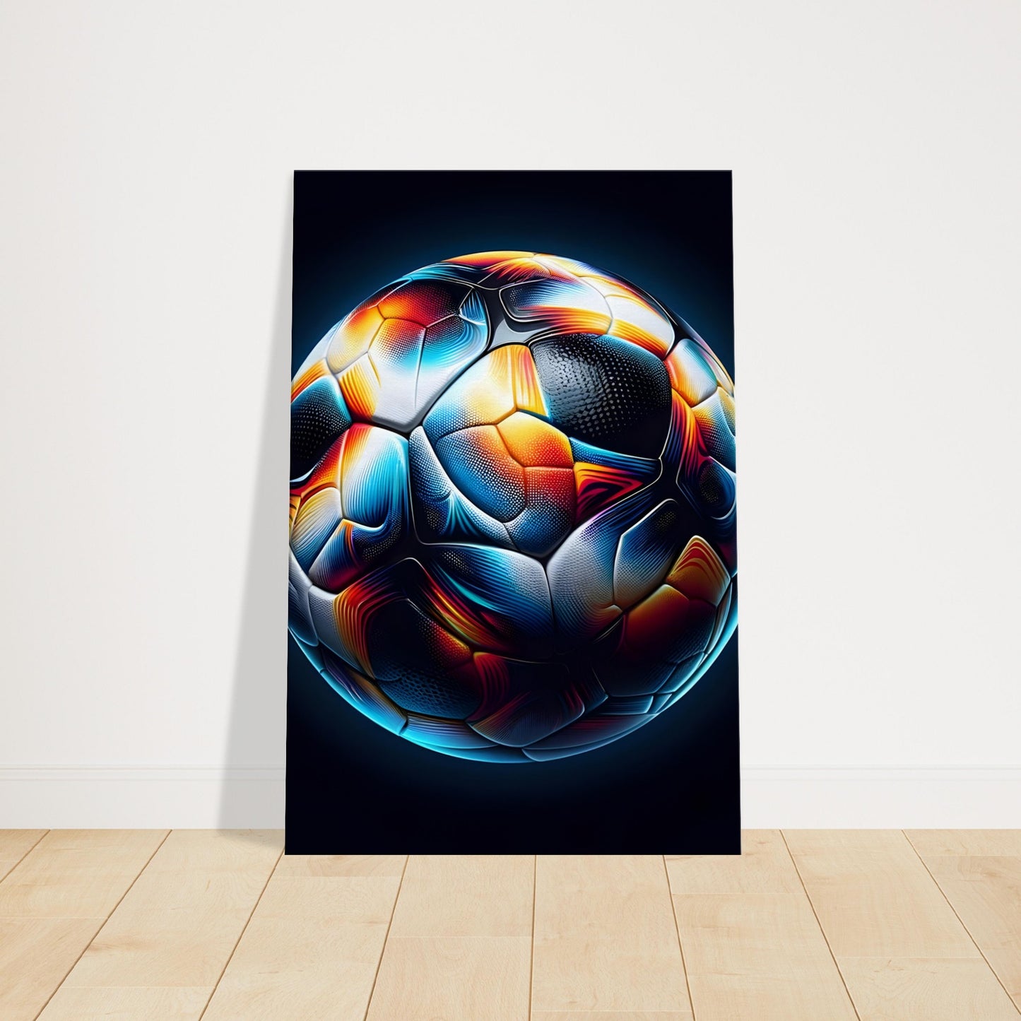 Vibrant artwork of a multicolored football set against a black background.