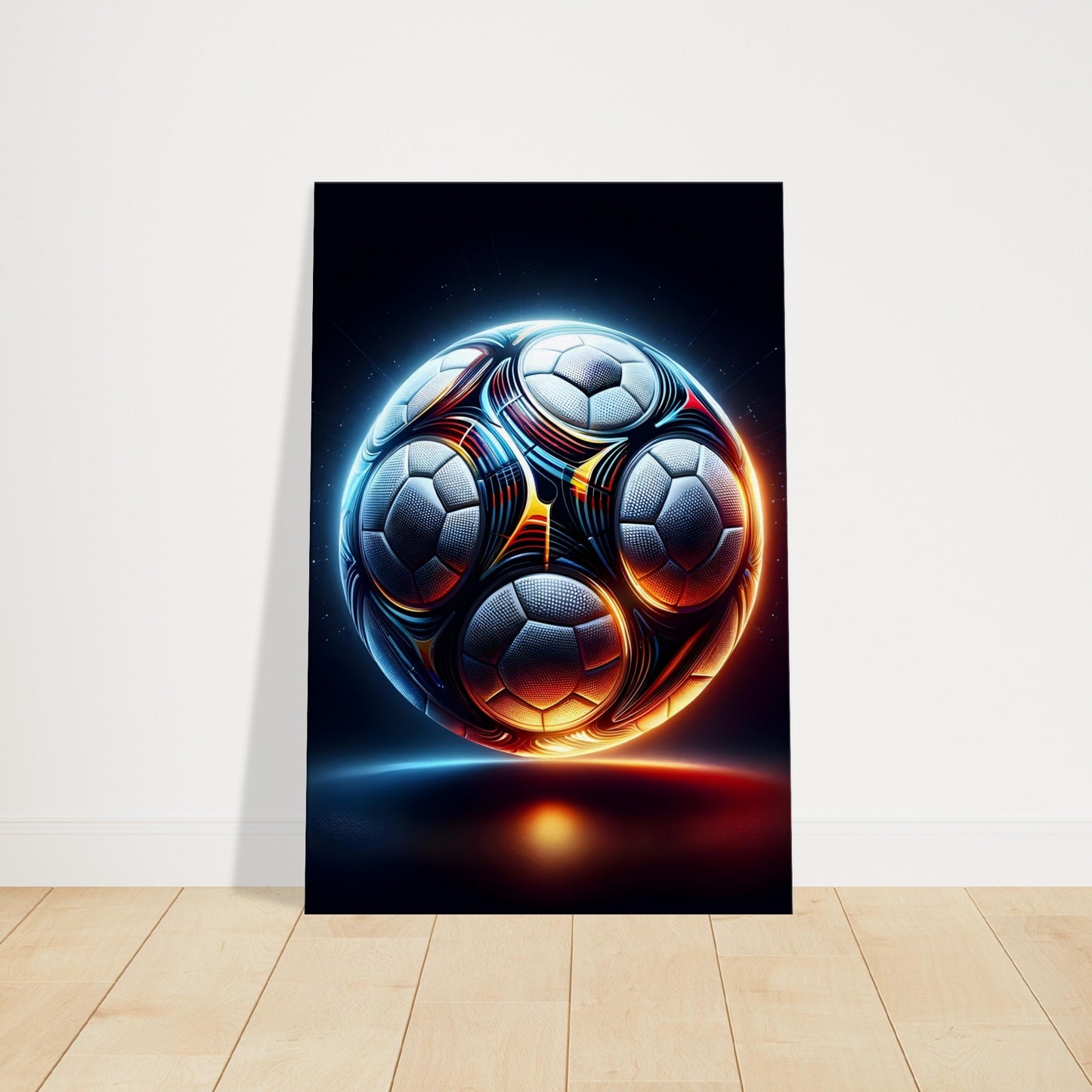 Canvas print of multiple footballs intertwined in a glowing spherical composition representing unity.