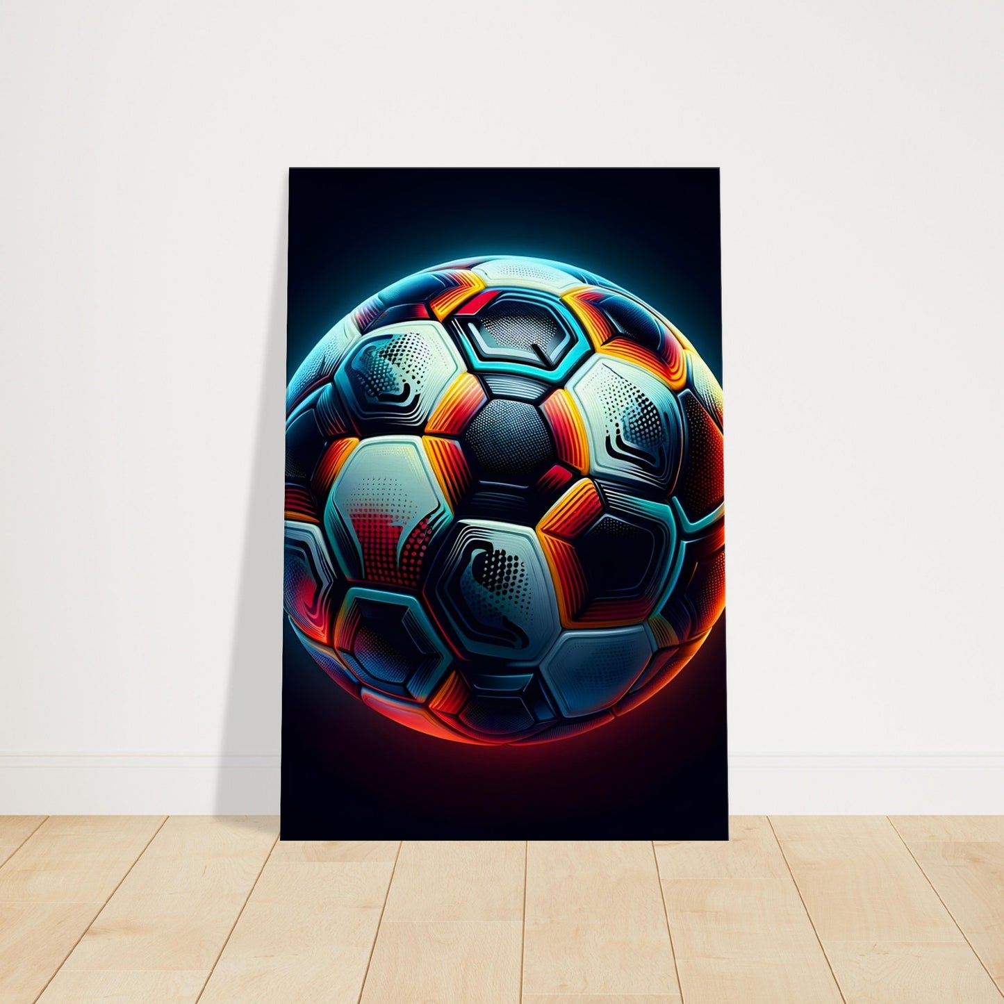 Vibrant canvas print of a multicolored football capturing movement and energy.