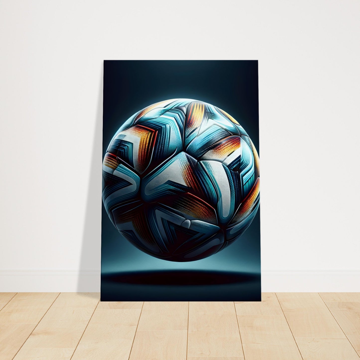 Futuristic canvas print of a metallic football with detailed geometric patterns and sleek design.