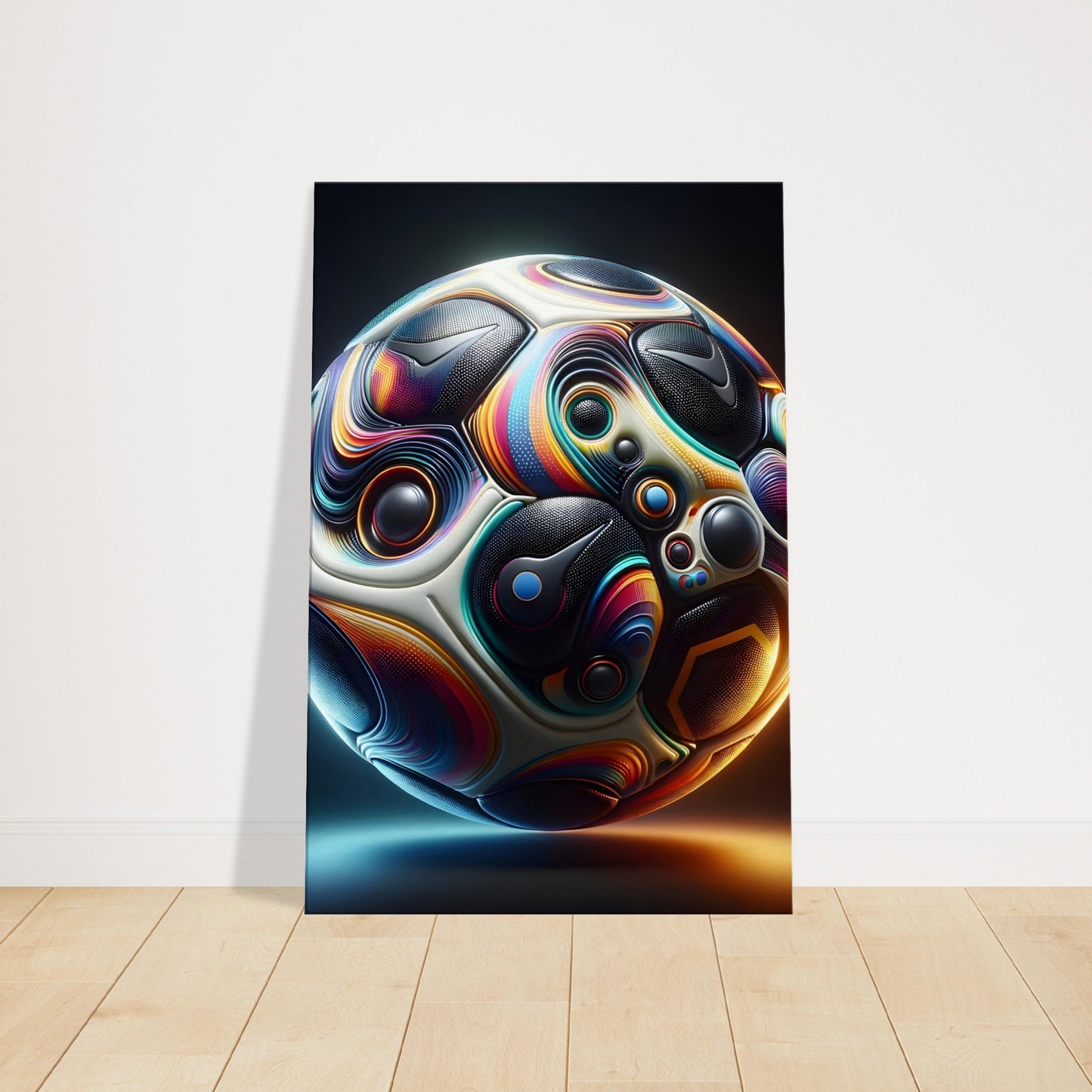 Canvas print of a football depicted as a vibrant, swirling kaleidoscopic orb with dynamic colors and textures.