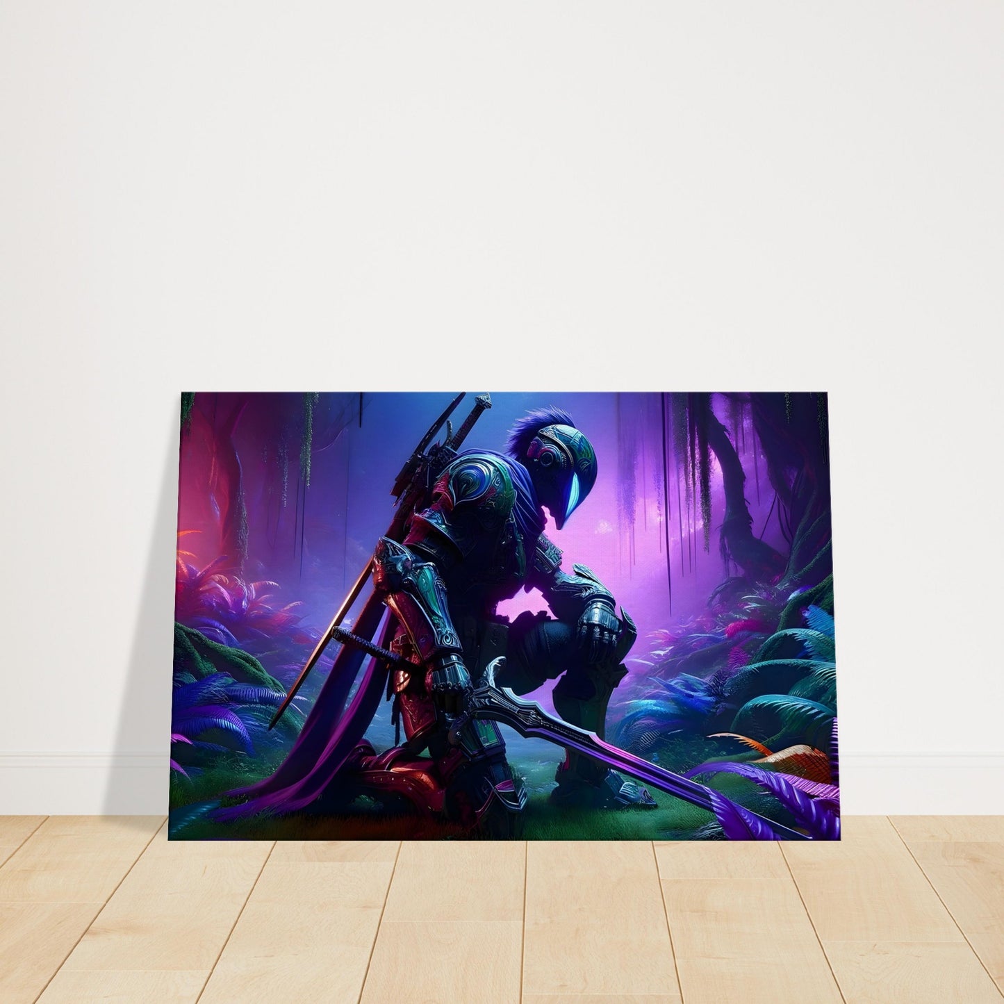 Anime-style kneeling warrior with sword in enchanted glowing forest, soft ambient lighting and mystical atmosphere.