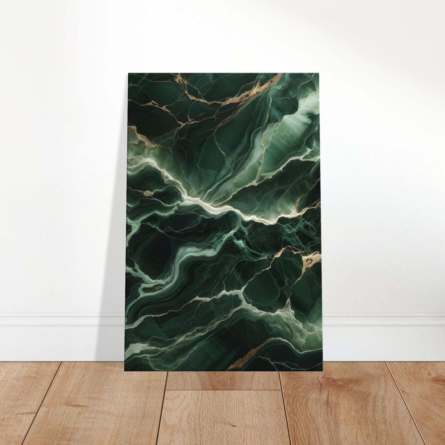 Forest green marble wall art with emerald and gold veining and a polished finish for a rich, nature-inspired look.