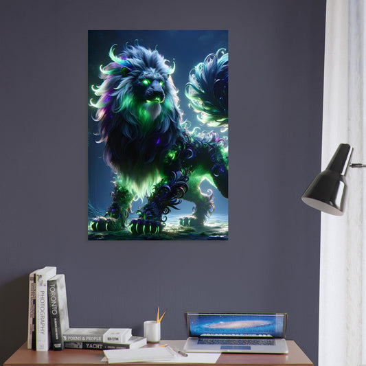 Metal poster of a Manticore with a lion's body, human-like face, glowing green eyes, and iridescent mane in a dark moonlit forest.