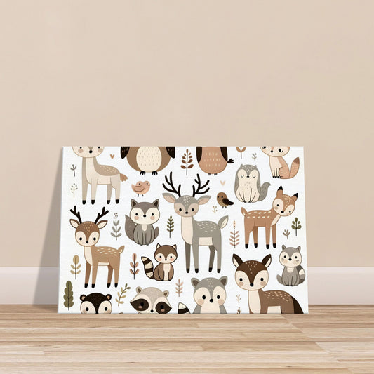 Canvas print featuring cartoon woodland animals like foxes, deer, owls, and hedgehogs in a peaceful forest setting.