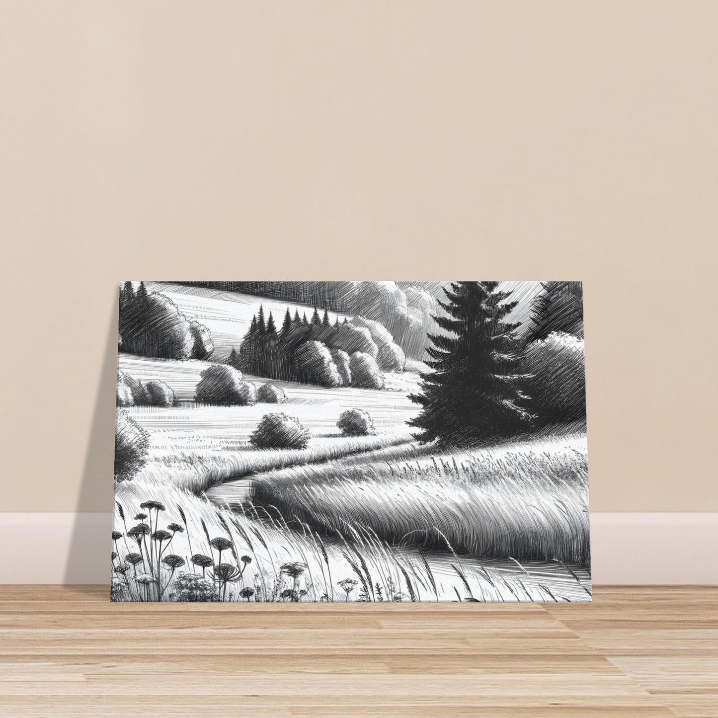 Black and white sketch of a forest meadow with soft grasses, wildflowers, and detailed trees in the background.
