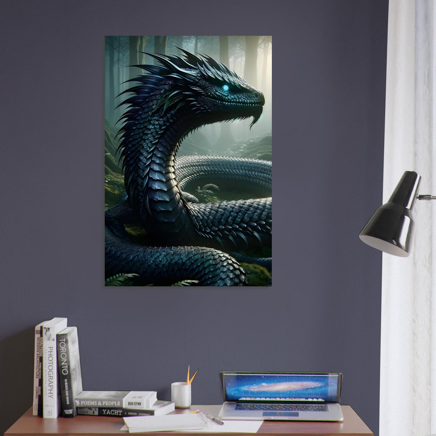 Metal poster of a multi-headed Hydra with glowing eyes and violet-blue scales, coiled in a misty, moonlit swamp.