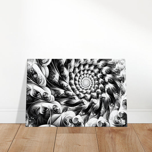 Black and white abstract artwork with repeating fractal geometric patterns, showing chaotic yet symmetrical design elements for modern wall decor.