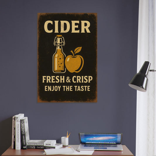 Vintage-style metal poster with swing-top cider bottle and golden apple in warm farmhouse colors.