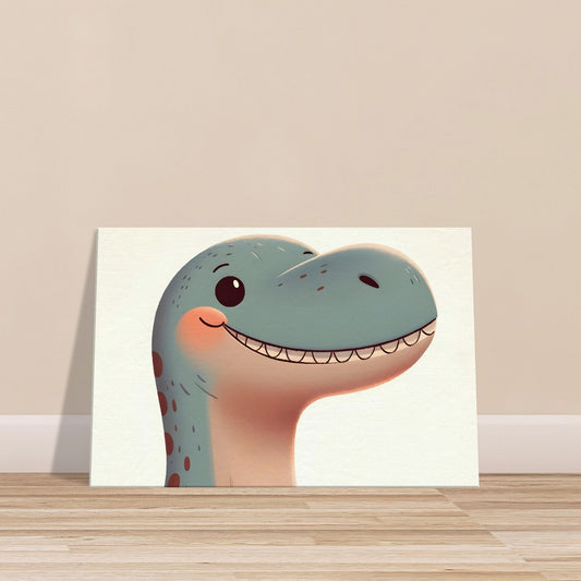 Cartoon-style Edmontosaurus with a large smile in soft, welcoming colors.