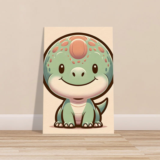 Cartoon-style pastel-colored Pachycephalosaurus with a warm smile and distinctive dome-shaped skull.