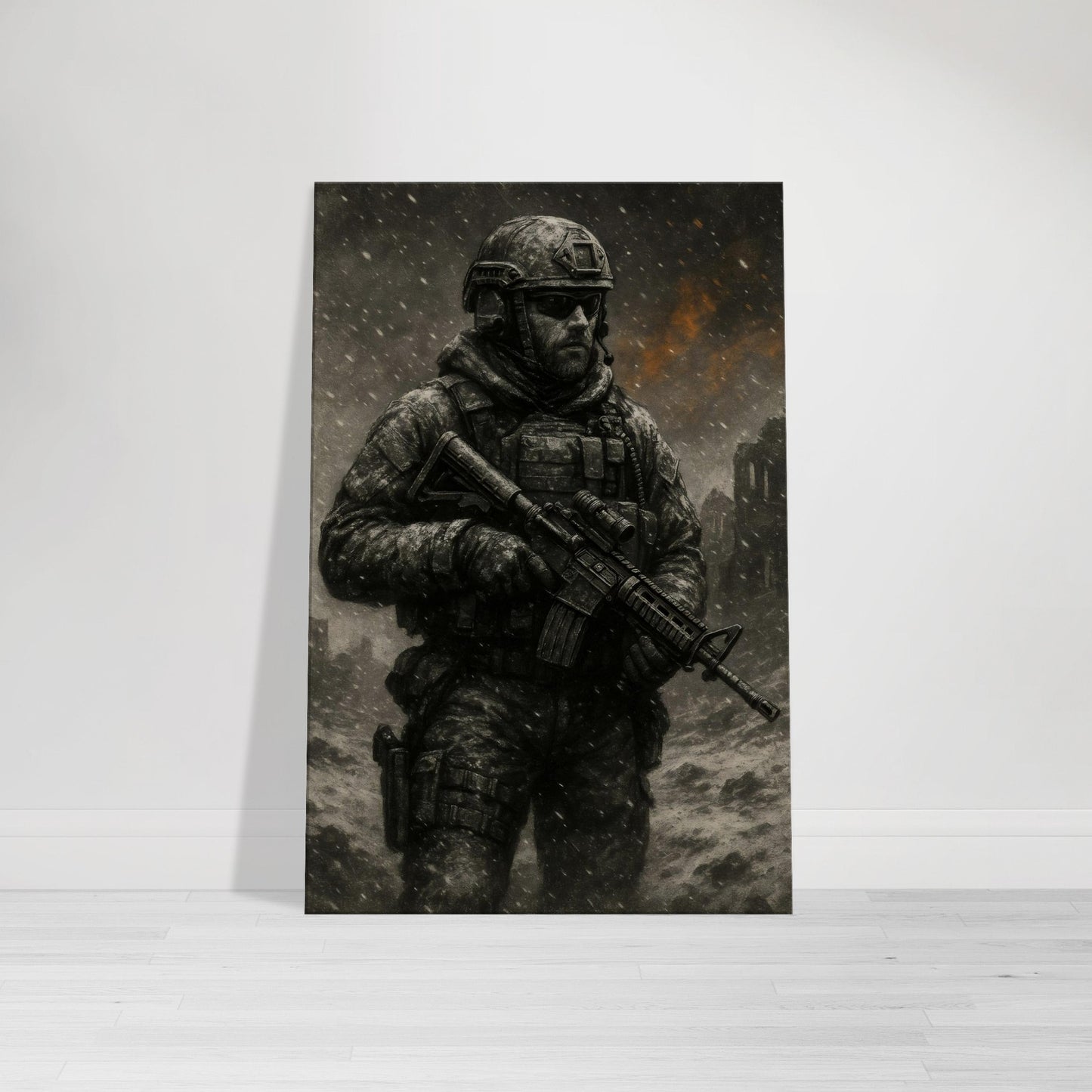 Snowy battlefield wall art of a soldier braving a storm with burning ruins behind. Cold, cinematic military print from the Warfare Division series.
