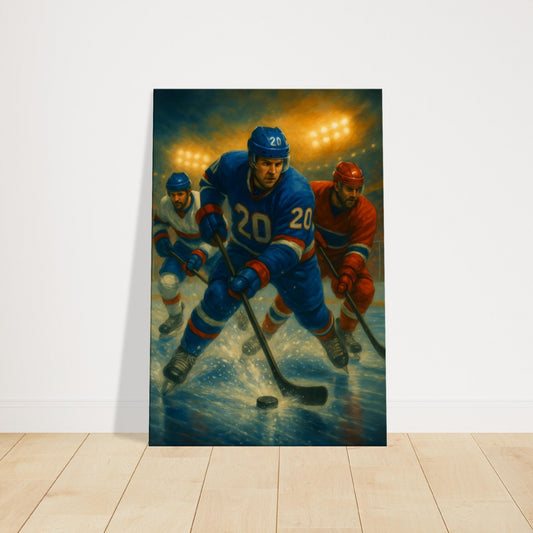 Three ice hockey players skating fast under arena lights with snow spray.