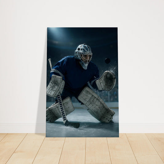 Goaltender making a mid-air save with ice spray and puck suspended in front of him.