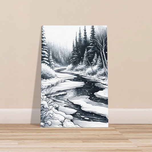 Monochrome sketch of a frozen river winding through a snowy forest with detailed trees and winter textures