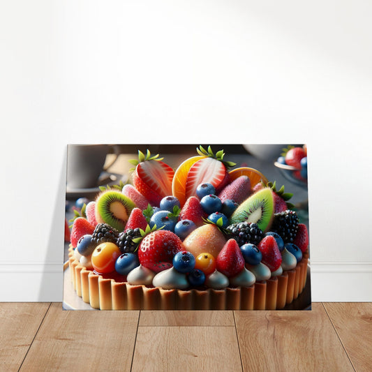Canvas art depicting a vibrant fruit tart or berry parfait with fresh berries, kiwi, and mango.
